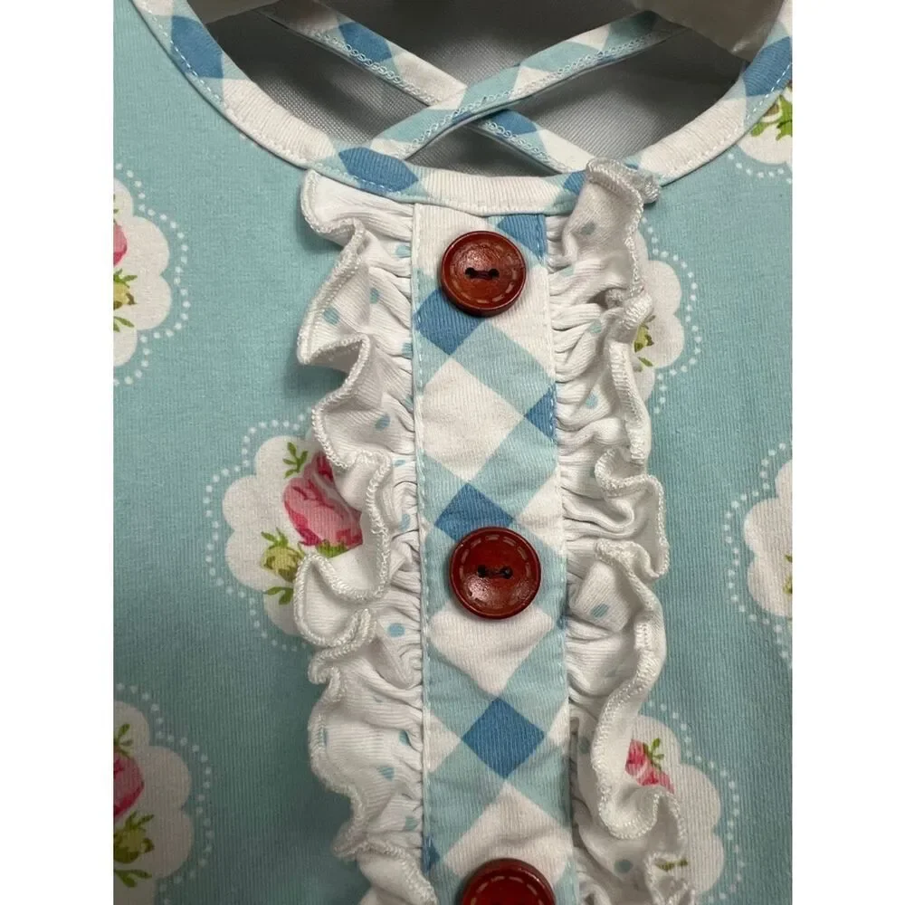 Swoon Baby blue with pink rose print ruffle hem twirl dress size 5